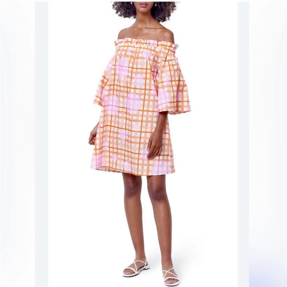 Corey Lynn Calter Pink and Orange Plaid Off-Shoulder Dress